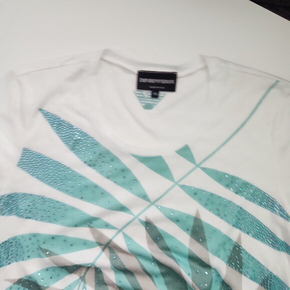 Emporio Armani made Italy 42 / S White Crystal palm leaf print women's t-shirt - Picture 8 of 14